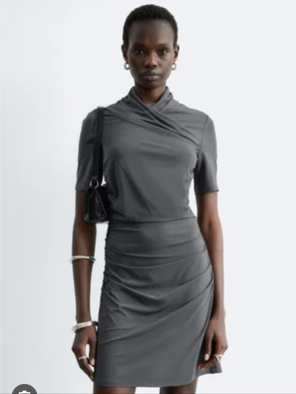 Classic Charcoal Knit Draped Waist Dress - Women's